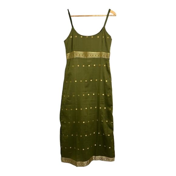 Green Silk Dress India Gold Sheer Luxe Ethnic Exotic M Medium Boho - Picture 1 of 8